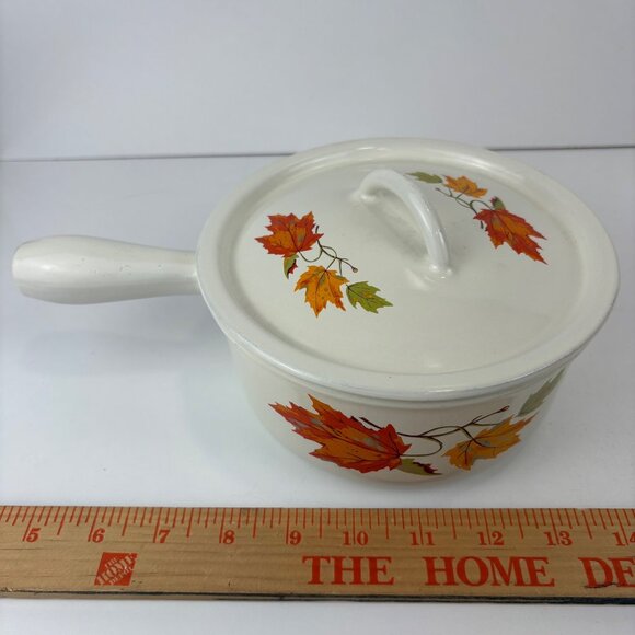 Vintage Descoware Belgium White Enamelware Saucepan With Lid Autumn Leaf Design - Picture 8 of 10